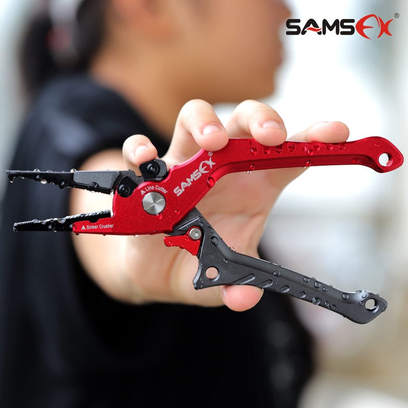 SAMSFX Aluminum Fishing Pliers Hook Remover Braid Line Cutter with Coiled Lanyard, Fly Fishing Knot Tying Tool & Retractors (Gray & Red Handle, Split Ring Nose) - Image 2